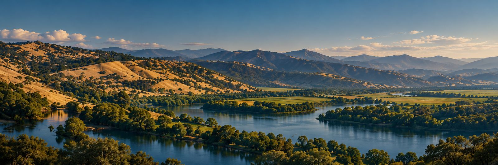 Illustration of golden hills and mountains above a tree-lined lake