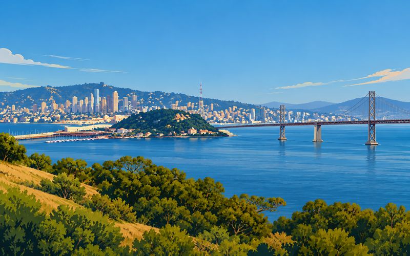 Illustration of the bay with a city skyline and a suspension bridge