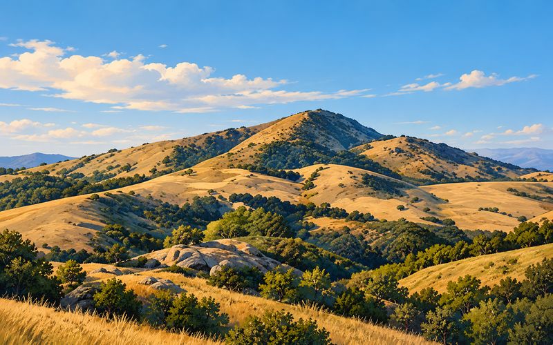 Illustration of golden grass-covered hills with oak woodland under a blue sky