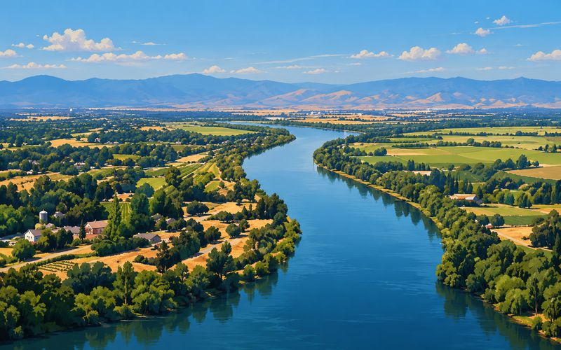 Illustration of a wide river winding through green farmland